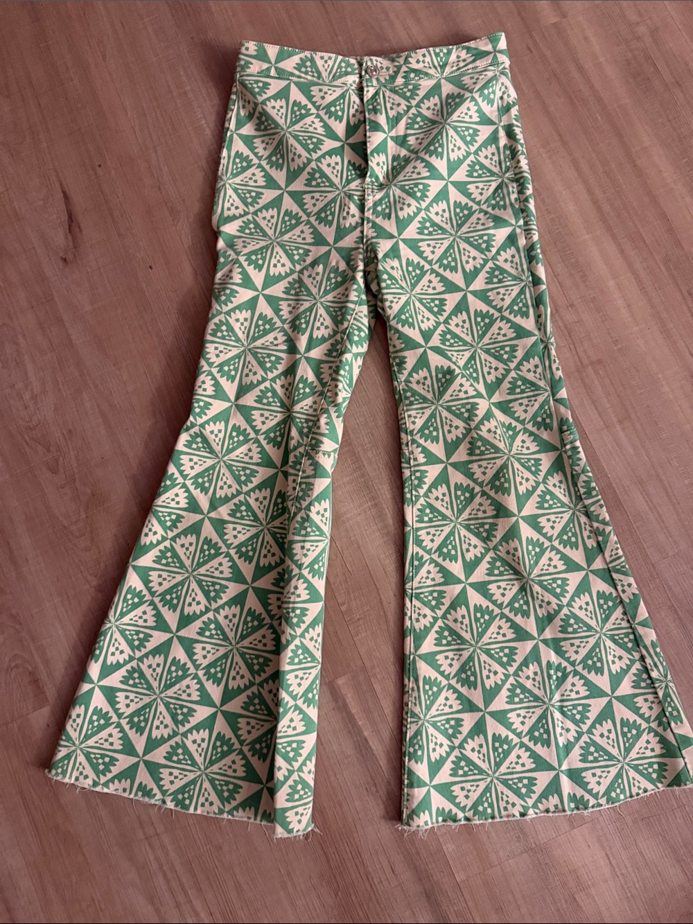 Free People Green & Cream Geometric Flare Jeans